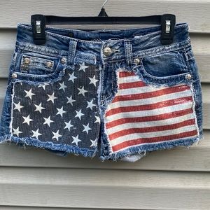Miss Me | American Flag Patriotic Cut Off Denim Jean Sequin Shorts size 28